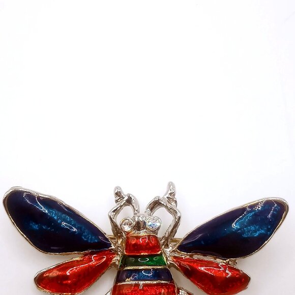 Vintage Bee Brooch Red Blue Green Striped Enameled Rhinestone Silver-tone Pin - Picture 2 of 10
